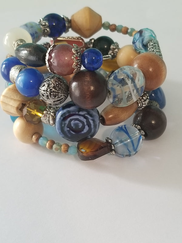 Blue and Wood Beaded Bracelet