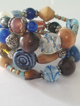 Blue and Wood Beaded Bracelet