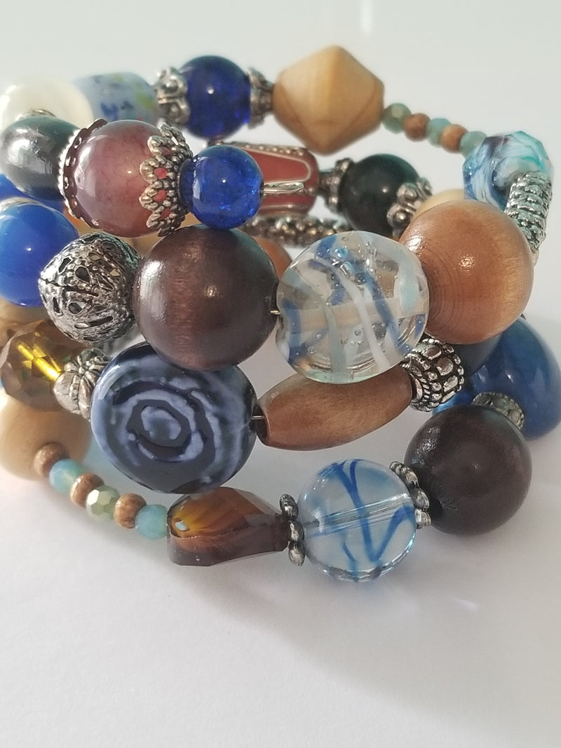 Blue and Wood Beaded Bracelet