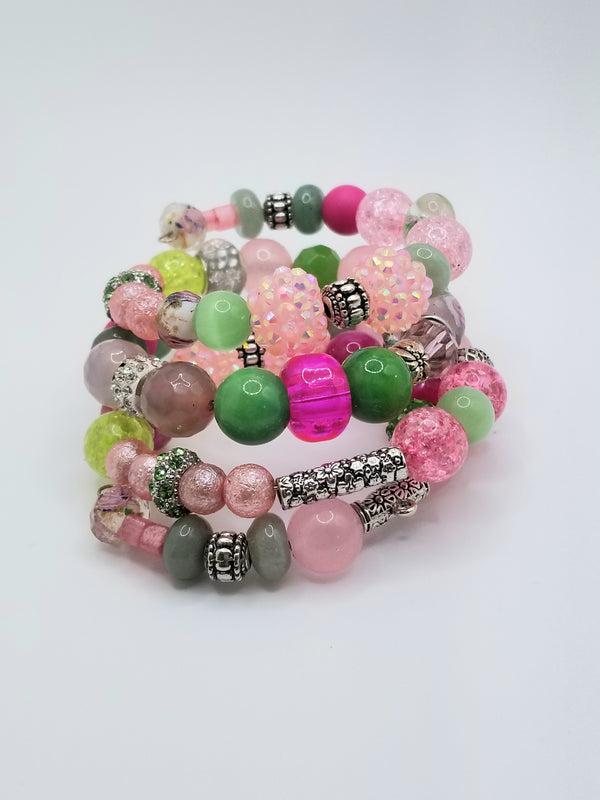 Pink, Green, and Silver Multi Style Beaded Bracelet