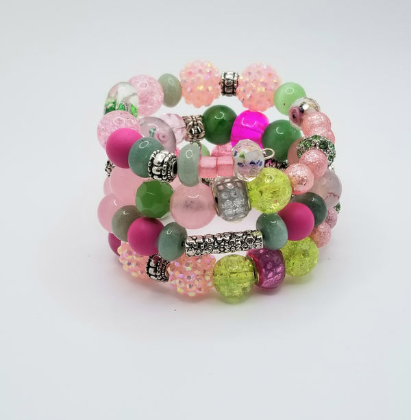 Pink, Green, and Silver Multi Style Beaded Bracelet