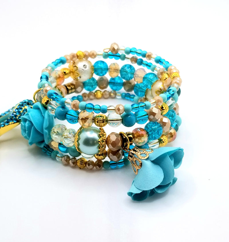 Turquoise and Gold Flower Charm Bracelet