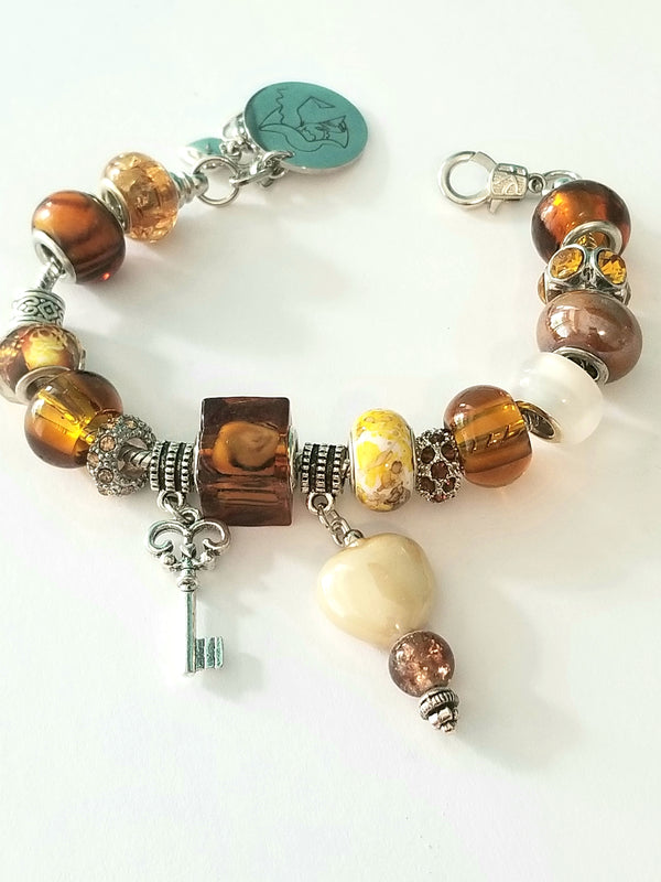 Brown and Silver Bracelet with Heart and Key Charms