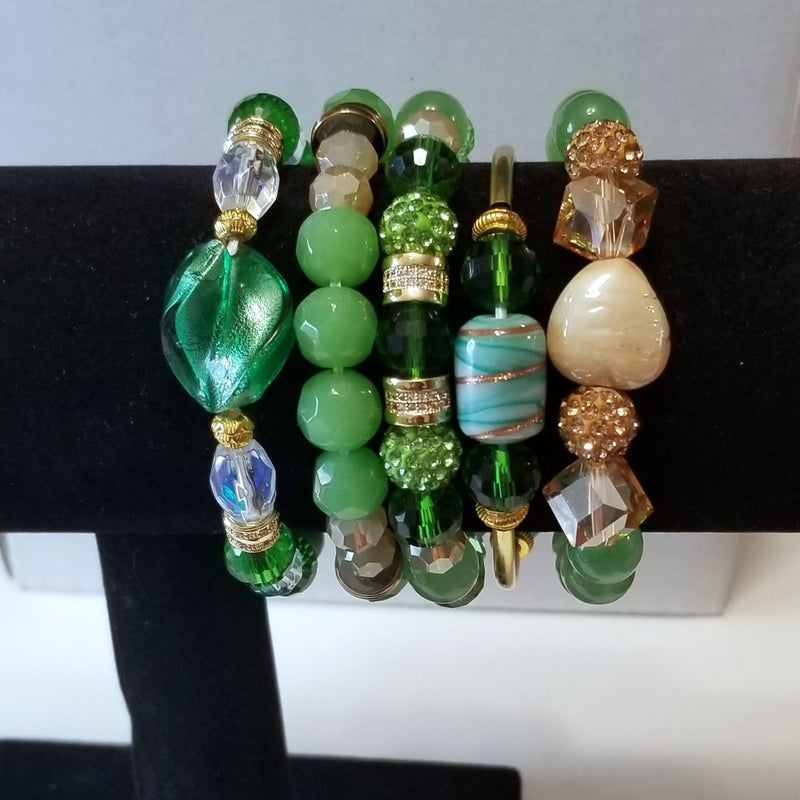 Green, Gold, and Tan Stacked Bracelet