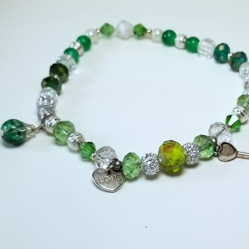 Green and Silver Heart and Key Anklet