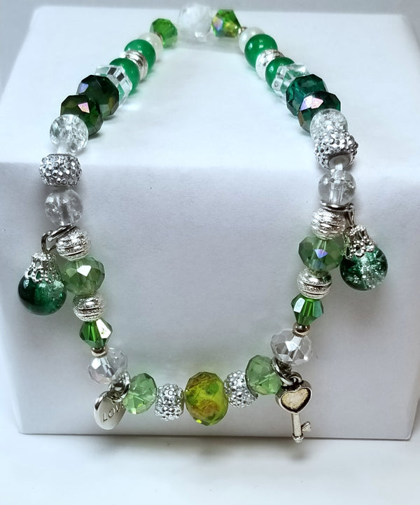 Green and Silver Heart and Key Anklet