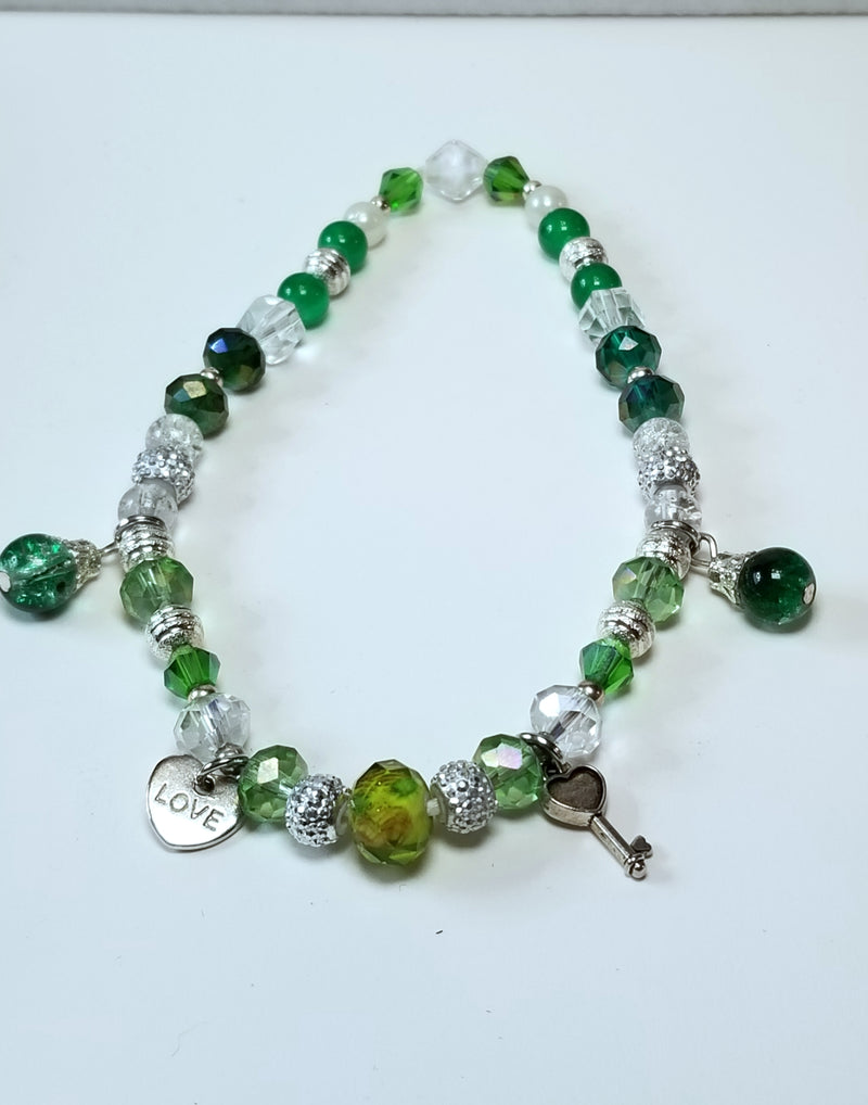 Green and Silver Heart and Key Anklet