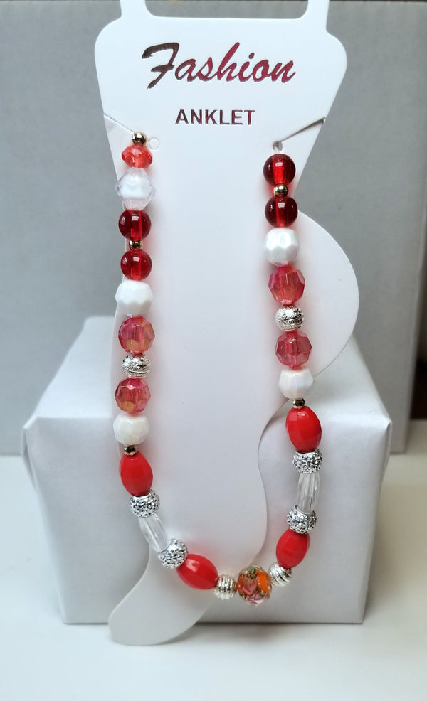 Red, White, and Silver Beaded Anklet