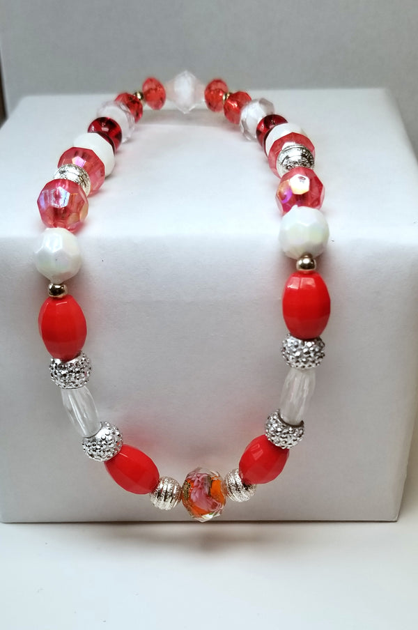 Red, White, and Silver Beaded Anklet