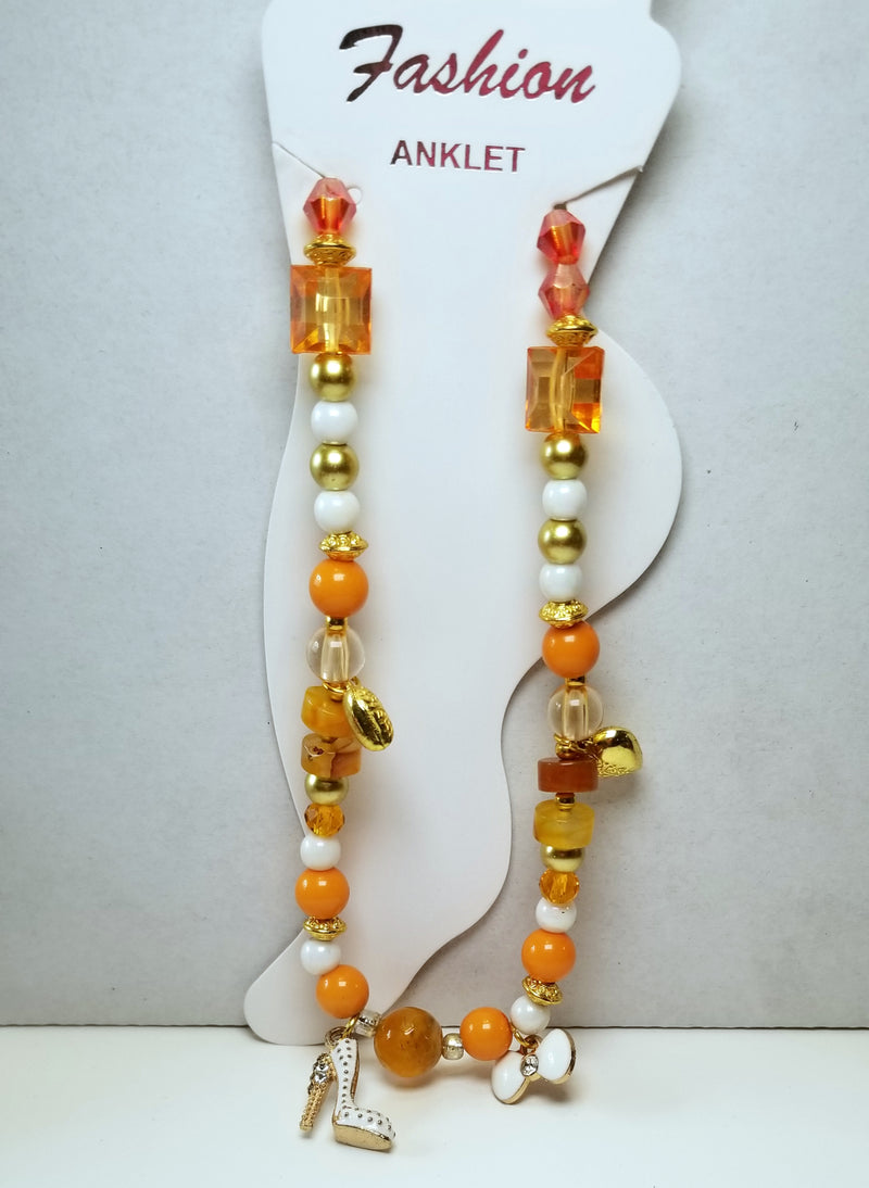 Orange and Gold Beaded Heart Anklet