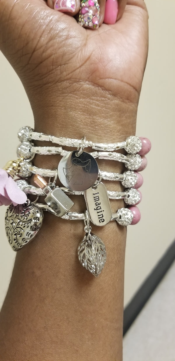 Pink Gemstone Stacked w/Charms