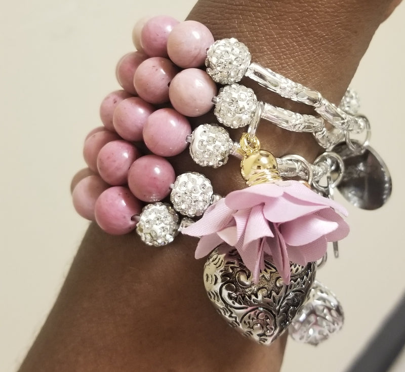 Pink Gemstone Stacked w/Charms